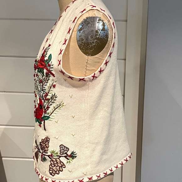 Vintage Embroidered Cardinal & Pinecone Christmas sweater Vest by In Resource M - Picture 15 of 16